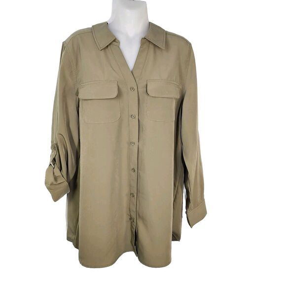 Denim & Co. Tunic Top Medium Roll Tab Sleeve Button Soft Utility A227885 Olive - Picture 1 of 10